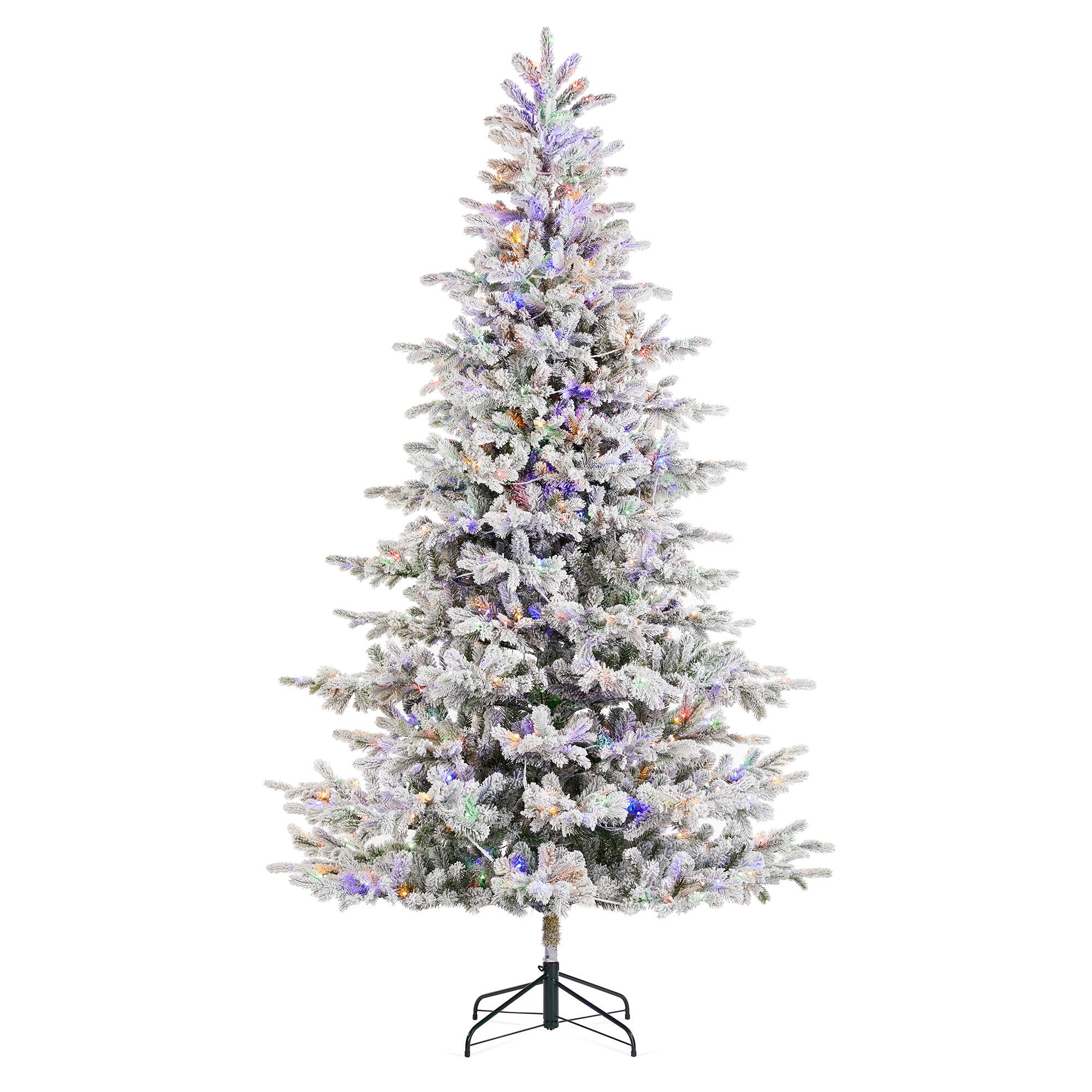 Glitzhome® 9ft Pre-Lit Flocked Full Fir Artificial Christmas Tree, Multicolor LED Lights